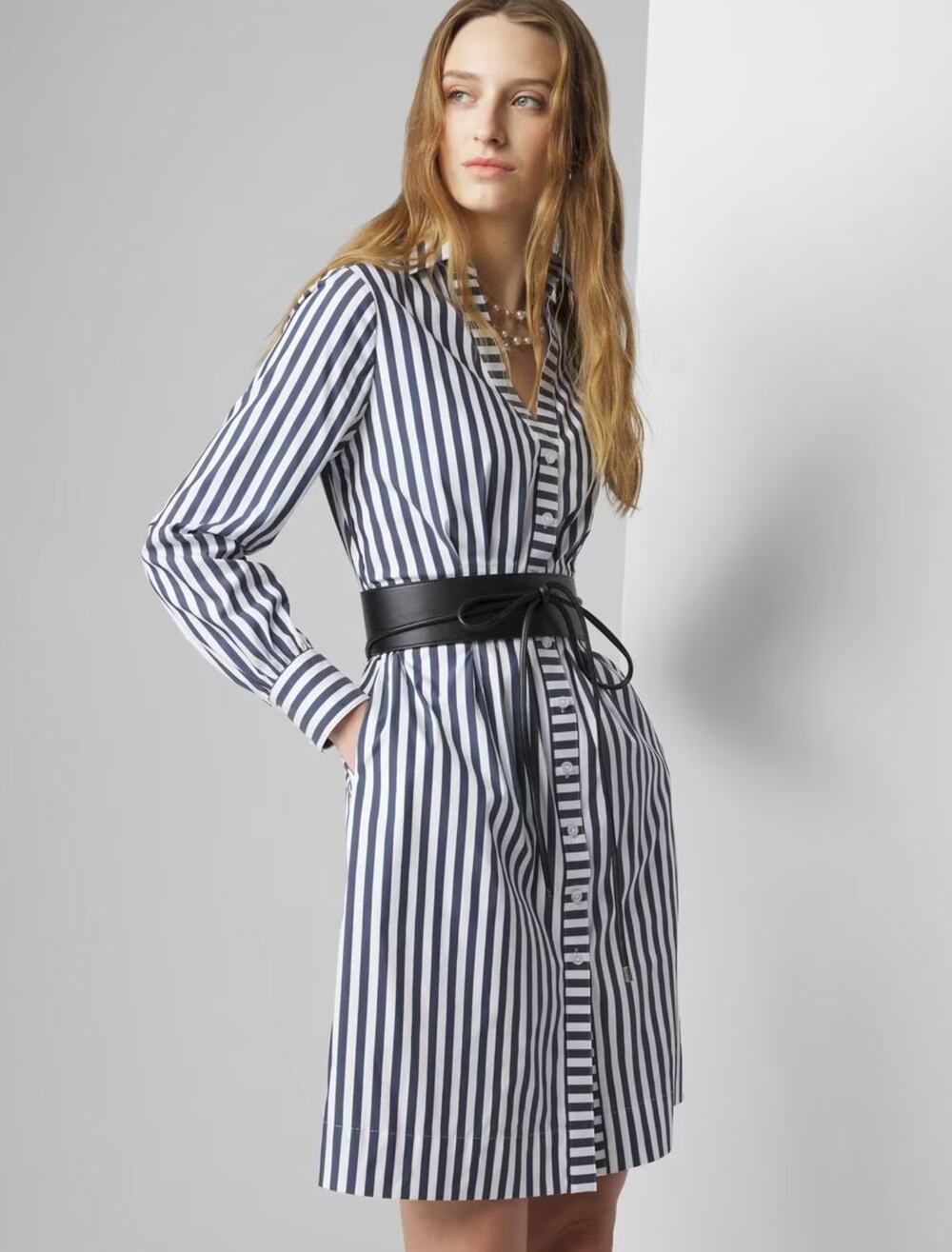 WHBM Long Sleeve Poplin Shirt Dress, French Navy Stripe, Size 8